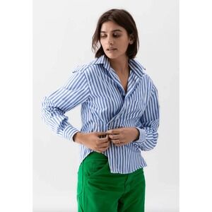 WEAR CISCO‎ Rivera Stripe The Crop Shirt Blue White Wrapped Button Down M/L